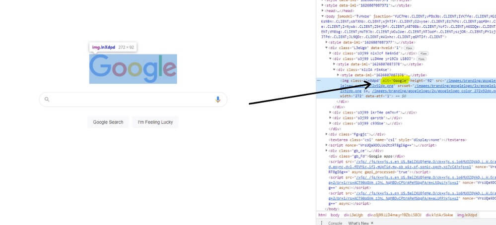 describing what an Alt tag looks like on an image on google.com in the HTML section of the website