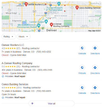 denver roofing businesses ranking on Google for roof repair